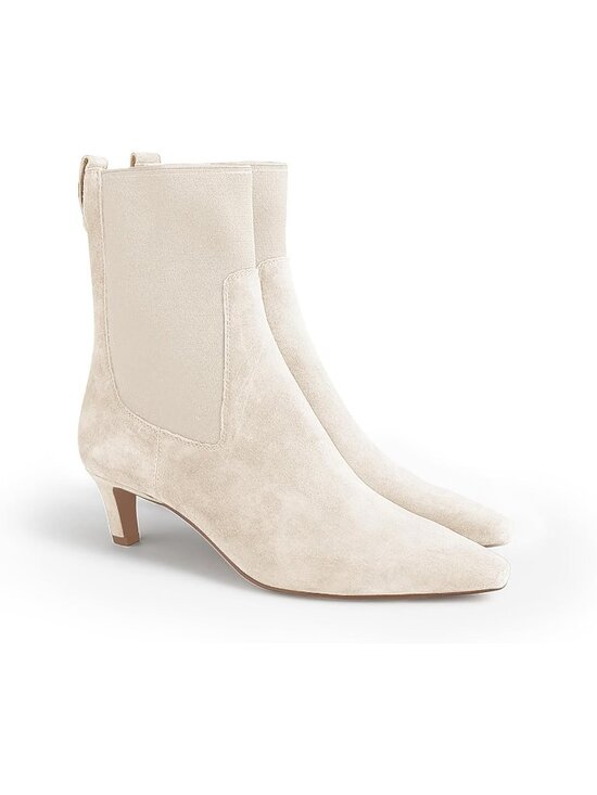 Shoes - Women's Beige Rubber Low Kitten Pointed Toe Slip On Elastic Ankle Booties